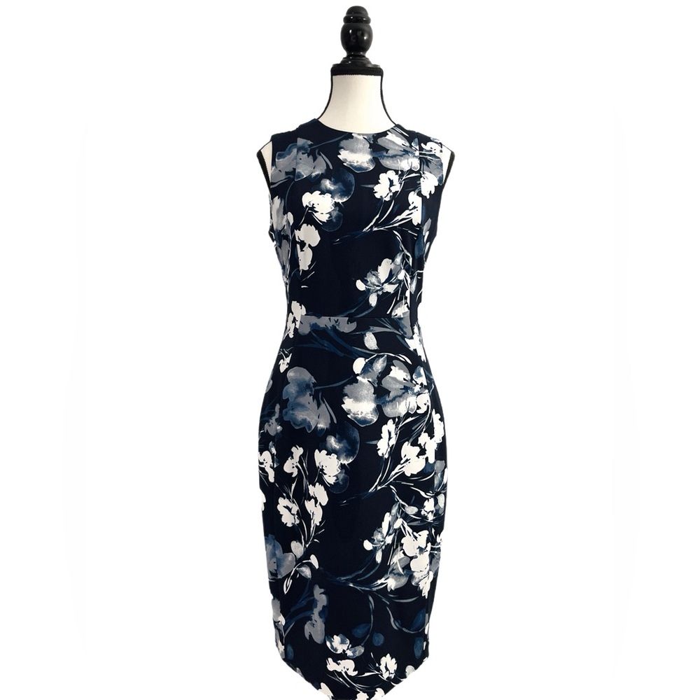 CALVIN KLEIN Blue/White Sleeveless Midi Pencil Dress | 6 | As New!